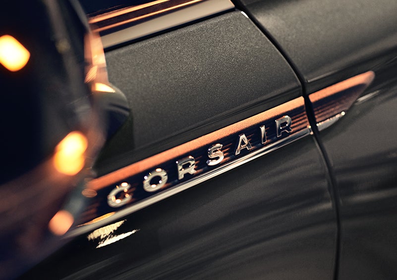 The stylish chrome badge reading “CORSAIR” is shown on the exterior of the vehicle. | Capital Lincoln of Wilmington in Wilmington NC