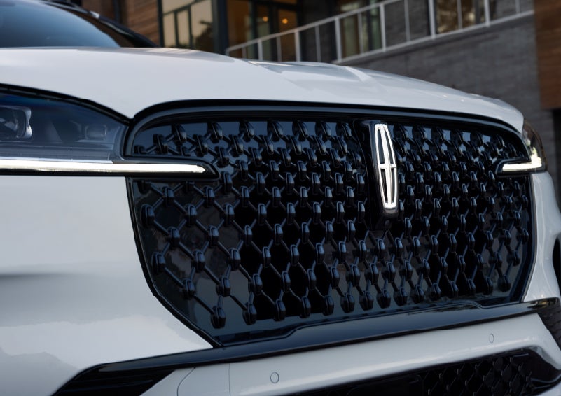 The front grille of a 2026 Lincoln Aviator® SUV is shown. | Capital Lincoln of Wilmington in Wilmington NC