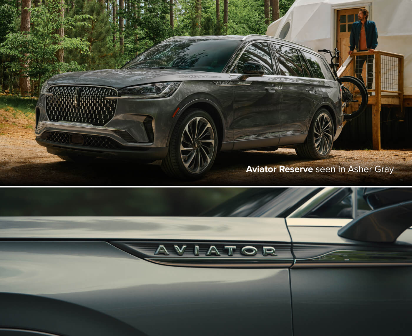 Two image collage of 2027 Lincoln Aviator Reserve in Asher Gray by a forest cabin, and close-up of the Aviator side badge.