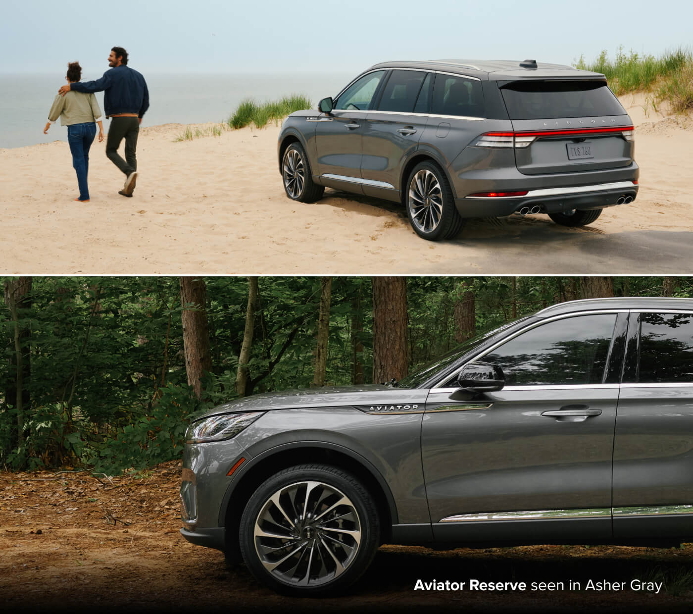 Two image collage of 2027 Lincoln Aviator Reserve in Asher Gray by a beach with a couple, and close side view of the SUV in a forest.