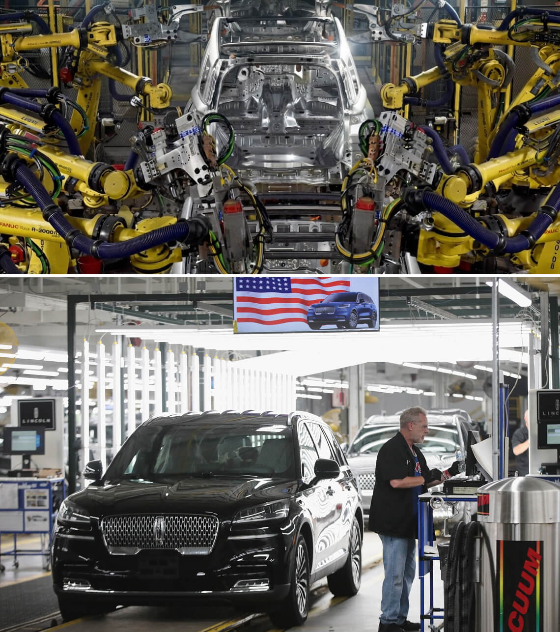 The Chicago Ford Auto Plant production line. A Lincoln in factory inspection.