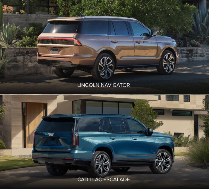 Orange 2026 Lincoln Navigator and Blue 2026 Cadillac Escalade