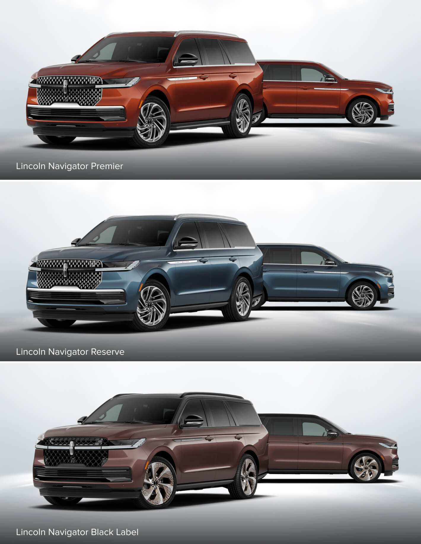 Stack of three images showing 2027 Lincoln Navigator Premier, Reserve and Black Label trims.
