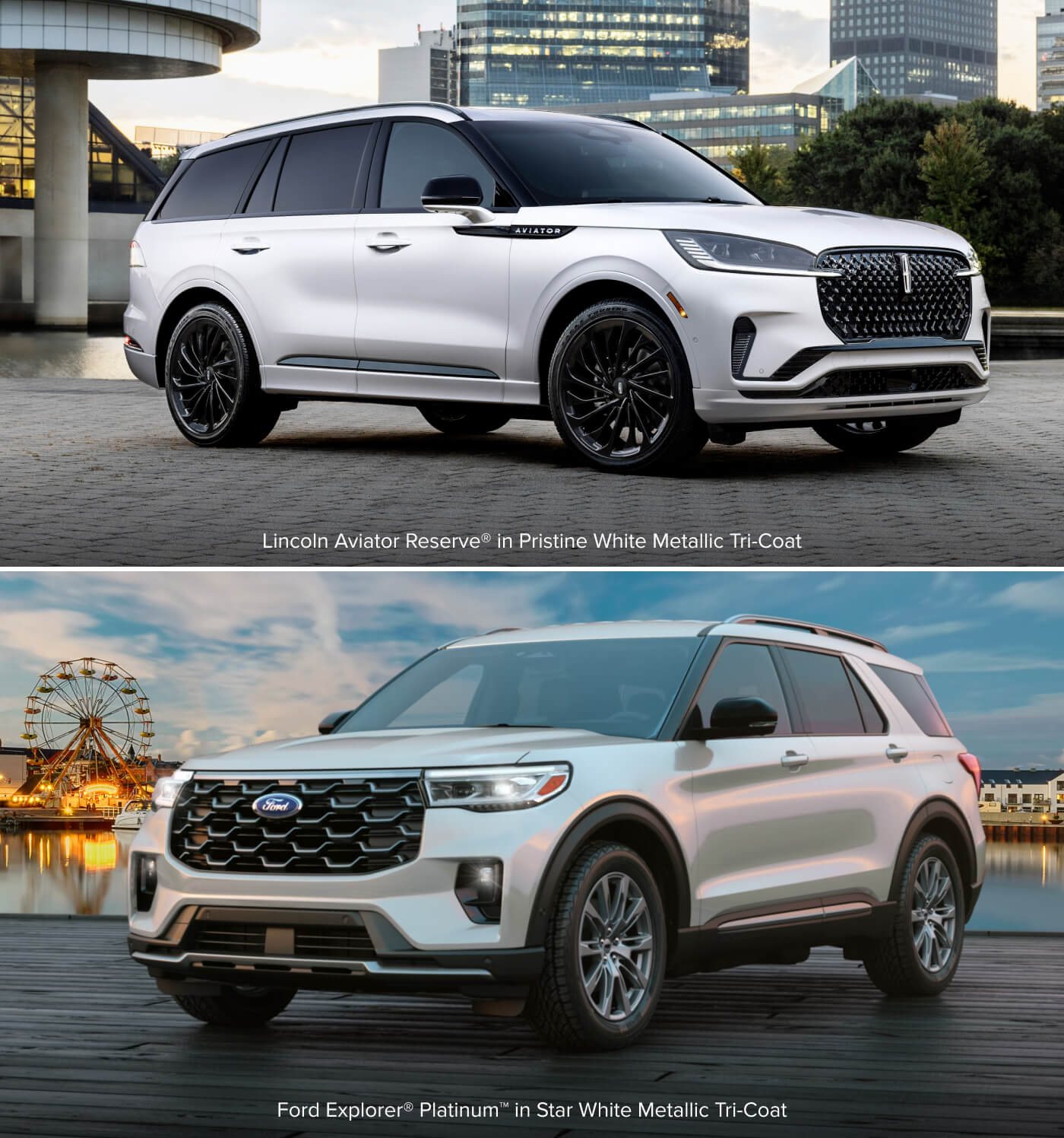 Lincoln Aviator Reserve in Pristine White Metallic Tri-Coat above and Ford Explorer Platinum in Star White Metallic Tri-Coat below