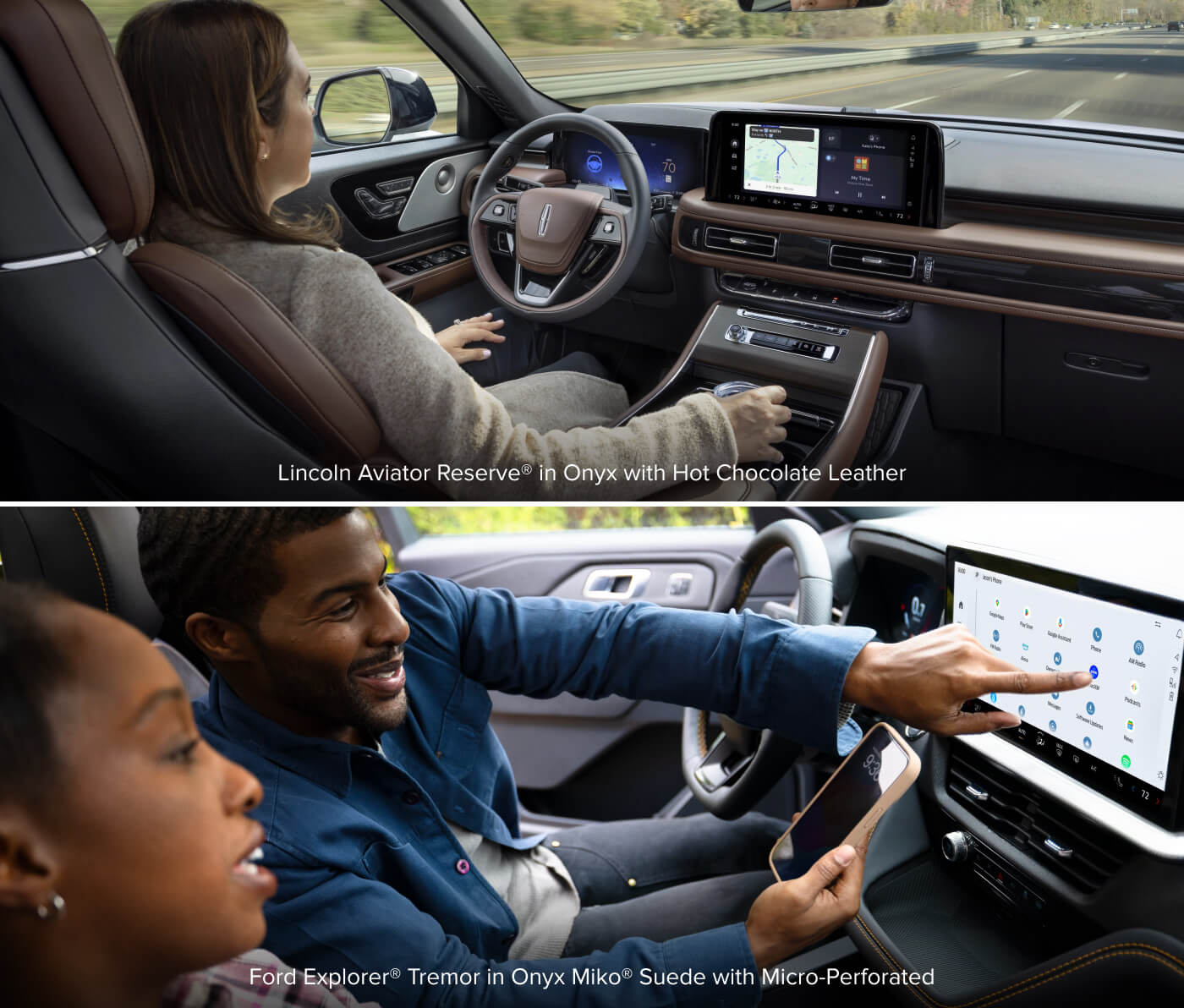 Lincoln Aviator Reserve interior in Onyx with Hot Chocolate Leather above and Ford Explorer Tremor Interior in Onyx Miko Suede below