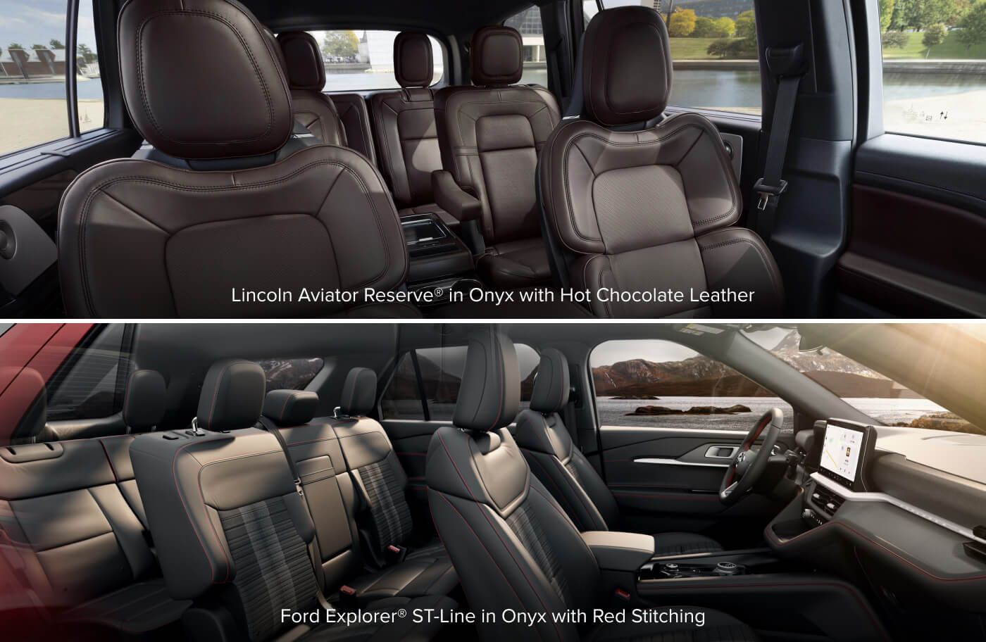 Lincoln Aviator Reserve interior in Onyx with Hot Chocolate Leather above and Ford Explorer Interior ST-Line in Onyx Miko Suede below
