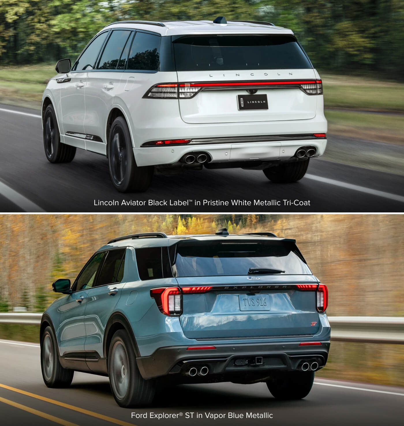 Lincoln Aviator Black Label in Pristine White Metallic Tri-Coat above and Ford Explorer ST in Vapor Blue below