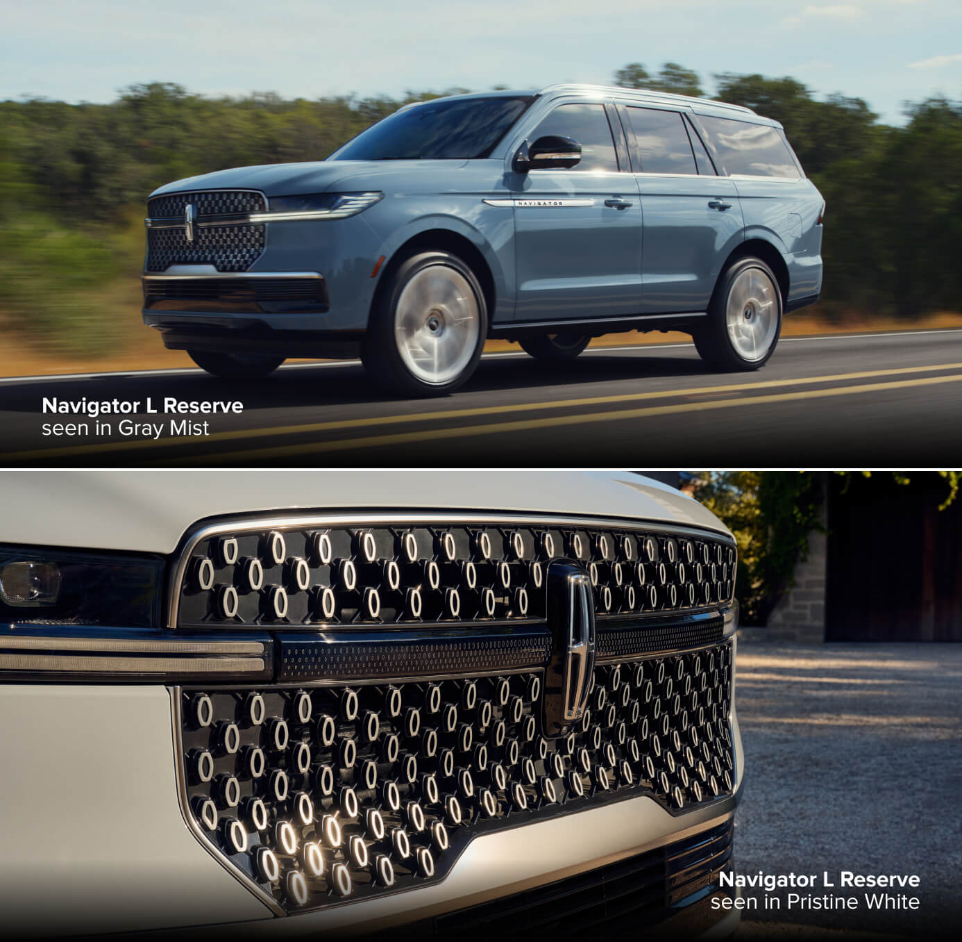 Top: 2027 Lincoln Navigator L Reserve in Gray Mist driving. Bottom: Pristine White grille close-up.