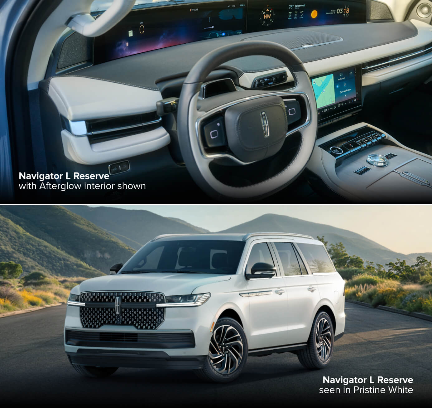 Top: 2027 Lincoln Navigator L Reserve, Afterglow interior cockpit. Bottom: Pristine White exterior, front three-quarter view.